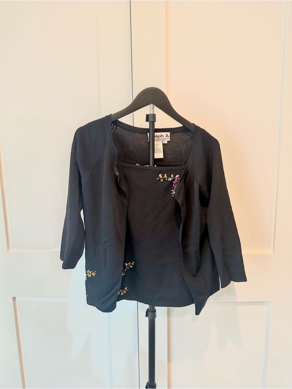 Joseph A Black Embroidered Tank & Cardigan Set Floral Knit Twin Set Size L